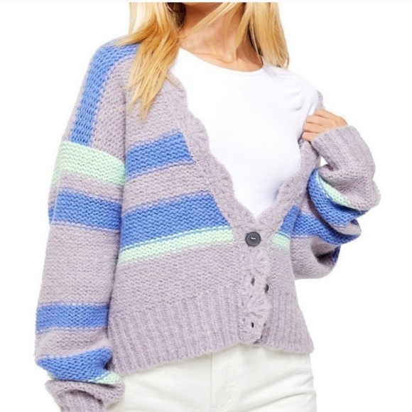 Free People Fine Time Stripe Cardigan Sweater NEW! Neptune - Picture 2 of 8